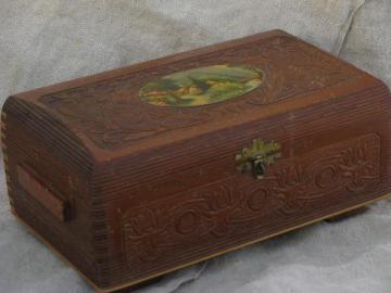 catalog photo of small old cedar chest / wood keepsake box, vintage cottage garden print