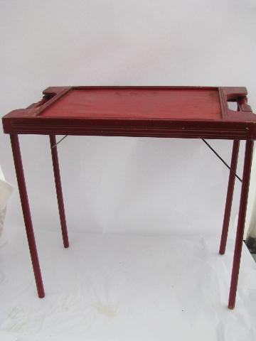 photo of small old folding wood tray table, antique sewing table, vintage red paint #1