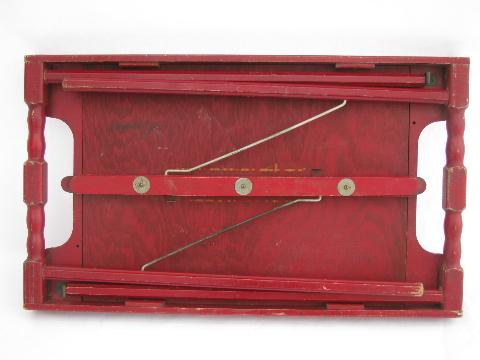 photo of small old folding wood tray table, antique sewing table, vintage red paint #3