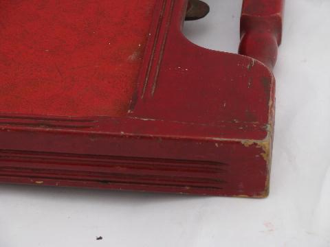 photo of small old folding wood tray table, antique sewing table, vintage red paint #4