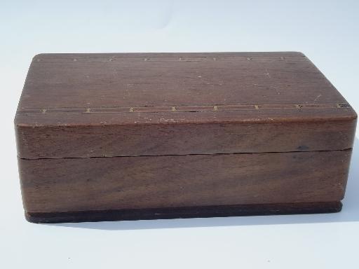 photo of small old wood inlay sewing box, vintage wooden spools cotton thread #4