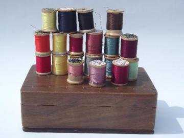 catalog photo of small old wood inlay sewing box, vintage wooden spools cotton thread