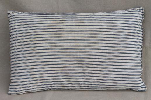 photo of small pillow w/ primitive old blue striped ticking, vintage feather pillow #1