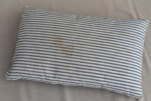 photo of small pillow w/ primitive old blue striped ticking, vintage feather pillow #2