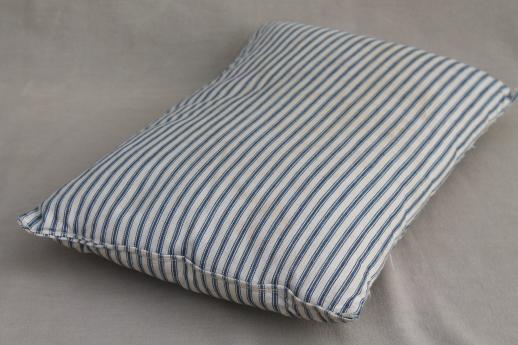 photo of small pillow w/ primitive old blue striped ticking, vintage feather pillow #3