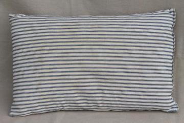 catalog photo of small pillow w/ primitive old blue striped ticking, vintage feather pillow