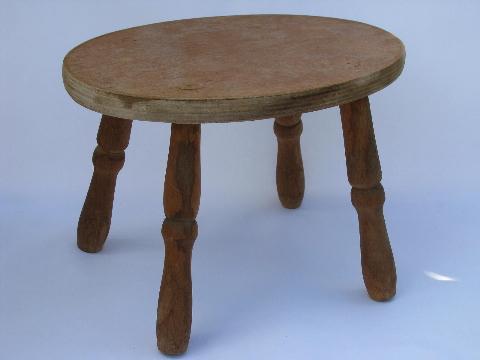 photo of small primitive wood footstool, old wooden child's size stool seat #1