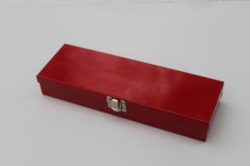 catalog photo of small red metal toolbox, rustic vintage farmhouse riser display to hold Christmas decor etc 