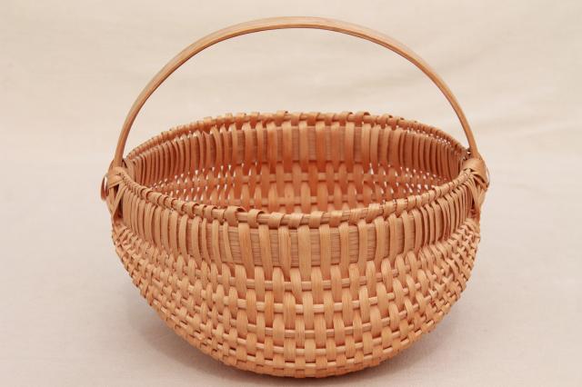 photo of small round egg basket, handmade split wood splint woven basket, country primitive #4