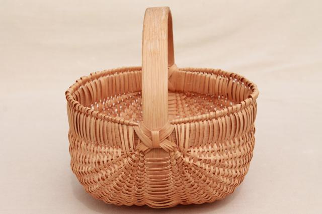 photo of small round egg basket, handmade split wood splint woven basket, country primitive #5