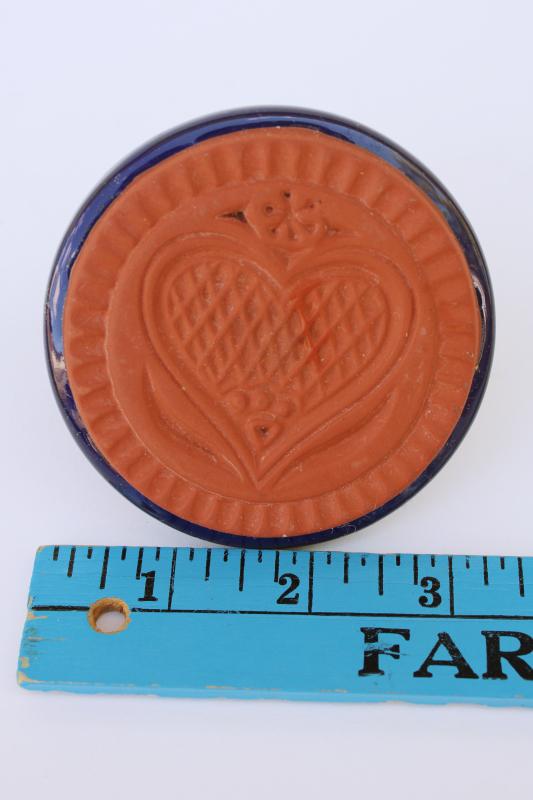 photo of small round heart cookie stamp, vintage stoneware mold press for baking or crafts #2