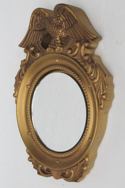 photo of small round mirror in gold plaster Federal eagle frame, vintage chalkware framed wall mirror #5