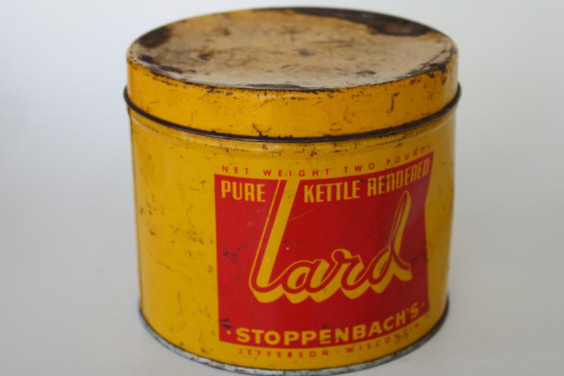 photo of small round tin lard can Stoppenbach's Jefferson Wisconsin, mustard gold & red #1