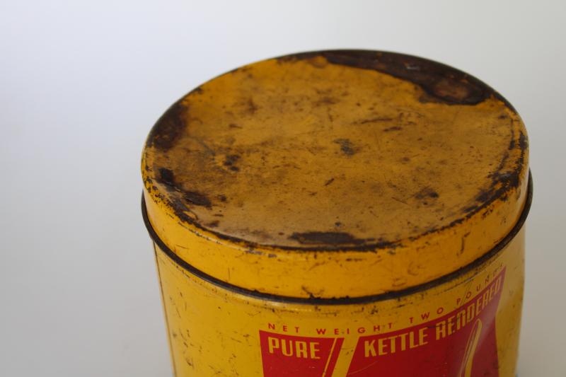 photo of small round tin lard can Stoppenbach's Jefferson Wisconsin, mustard gold & red #2