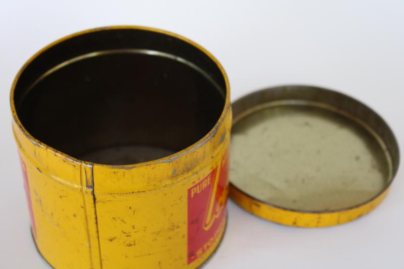 photo of small round tin lard can Stoppenbach's Jefferson Wisconsin, mustard gold & red #5