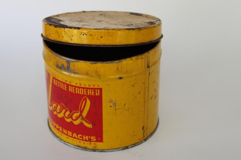 photo of small round tin lard can Stoppenbach's Jefferson Wisconsin, mustard gold & red #8