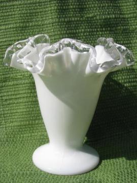 catalog photo of small silver crest Fenton vase, crimped ruffle clear / milk glass