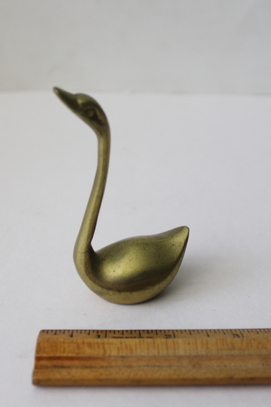 photo of small solid brass swan figurine, 70s vintage paperweight long necked bird #1