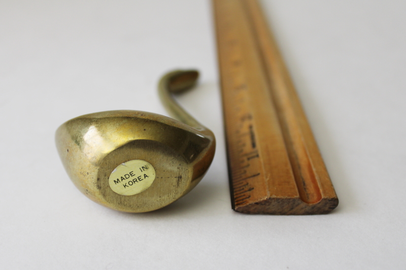 photo of small solid brass swan figurine, 70s vintage paperweight long necked bird #3