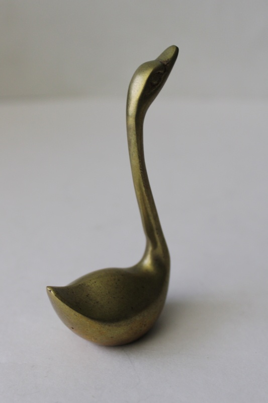 photo of small solid brass swan figurine, 70s vintage paperweight long necked bird #4