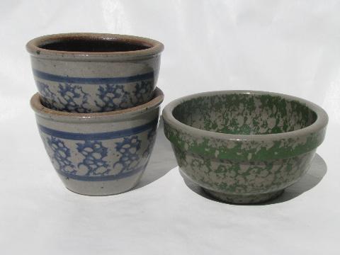 photo of small stoneware bowls, green & blue spongeware, child's kitchen size #1