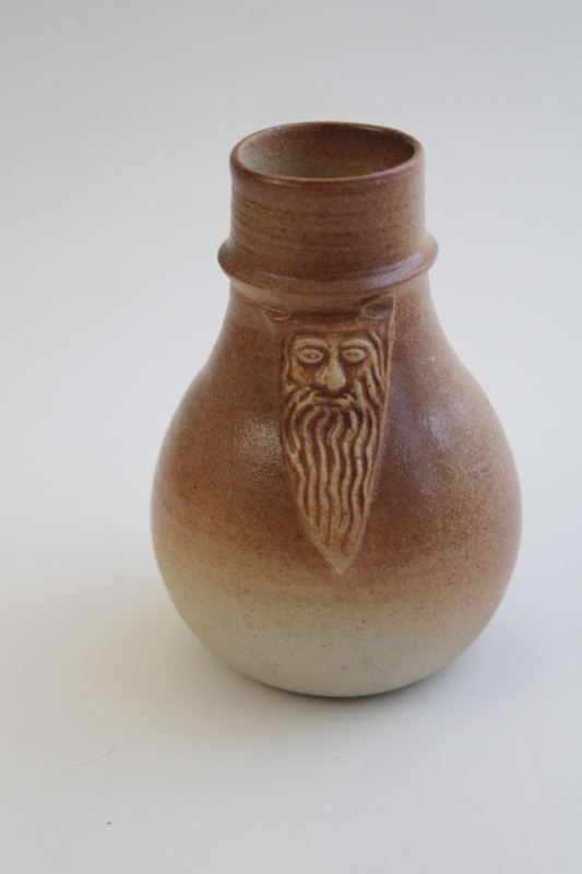photo of small stoneware jug w/ bearded man, artist signed antique reproduction Bartmann pottery bottle #1