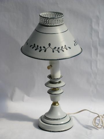 photo of small vintage tole table lamp w/ metal shade, cottage style #1