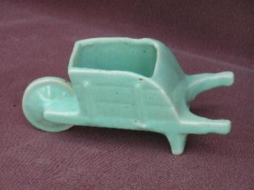 catalog photo of small vintage wheelbarrow planter, usa pottery