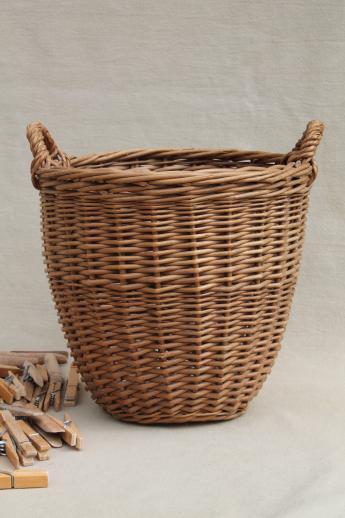 photo of small wicker barrel shape laundry basket w/ vintage wooden clothespins #2