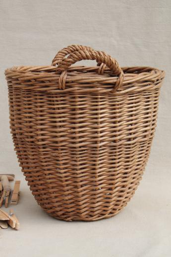 photo of small wicker barrel shape laundry basket w/ vintage wooden clothespins #3