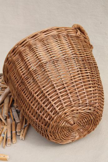 photo of small wicker barrel shape laundry basket w/ vintage wooden clothespins #5