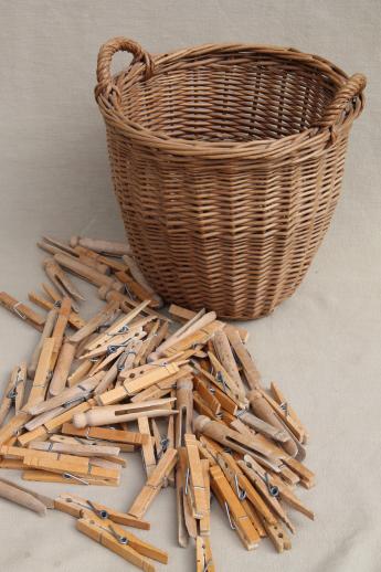 photo of small wicker barrel shape laundry basket w/ vintage wooden clothespins #8