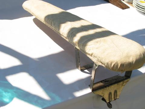 photo of small wood ironing board, vintage sewing pressing board, clamps on table-top #1