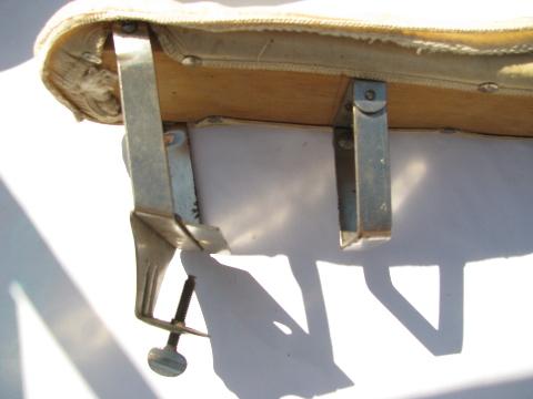 photo of small wood ironing board, vintage sewing pressing board, clamps on table-top #4