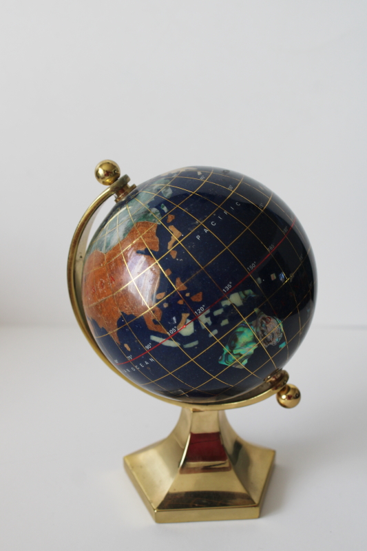 photo of small world globe on brass stand, gemstone minerals earth continents lapis blue oceans  #1