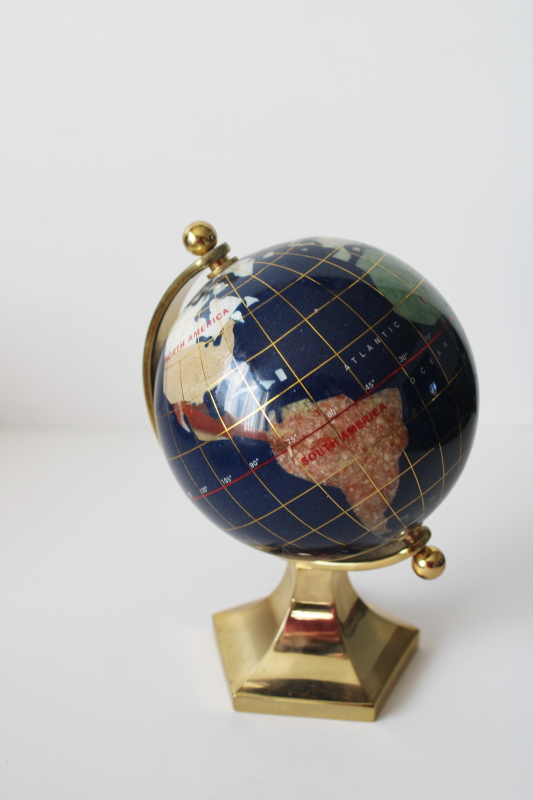 photo of small world globe on brass stand, gemstone minerals earth continents lapis blue oceans  #2