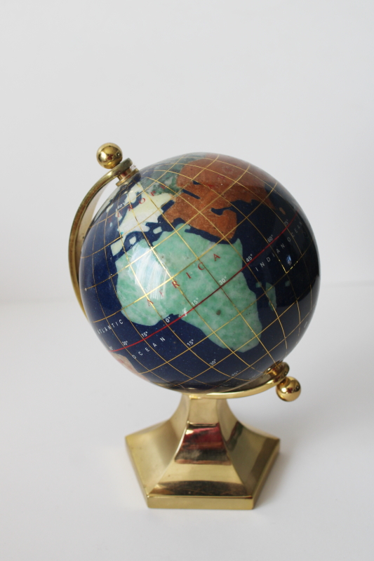 photo of small world globe on brass stand, gemstone minerals earth continents lapis blue oceans  #3