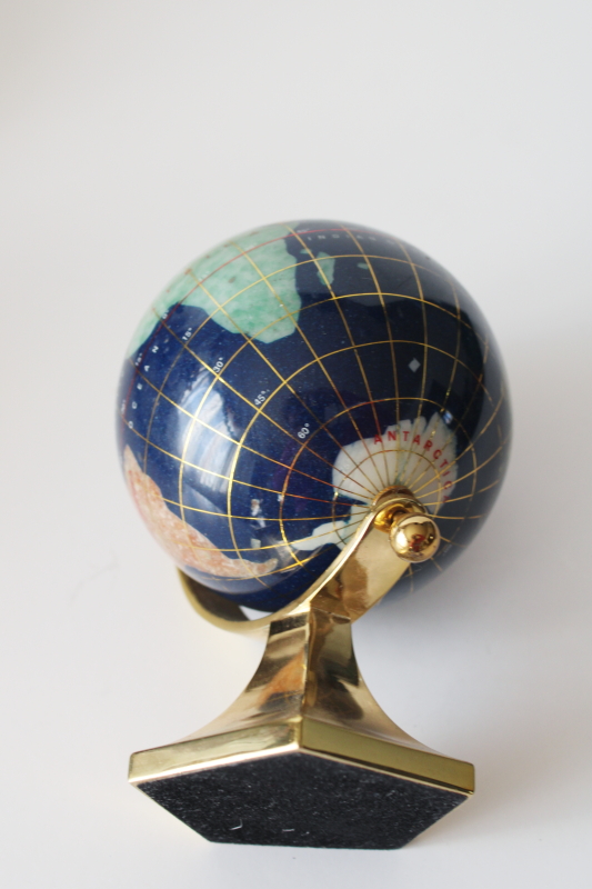 photo of small world globe on brass stand, gemstone minerals earth continents lapis blue oceans  #4