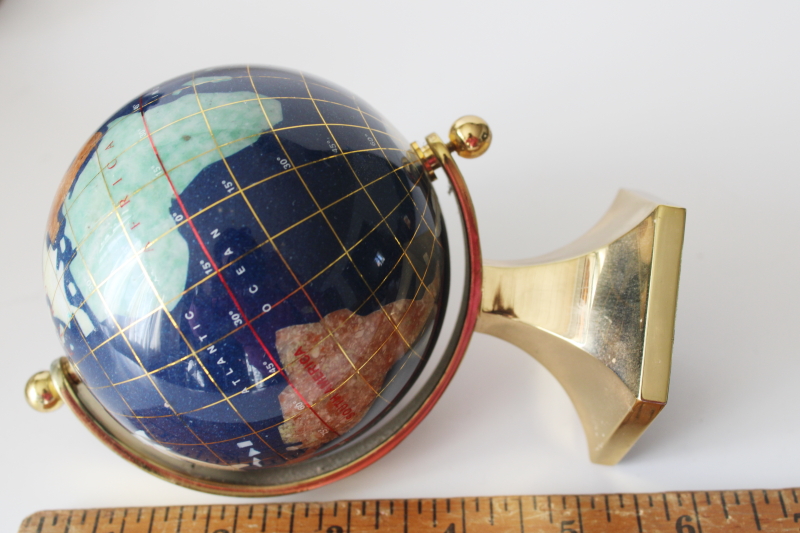 photo of small world globe on brass stand, gemstone minerals earth continents lapis blue oceans  #5