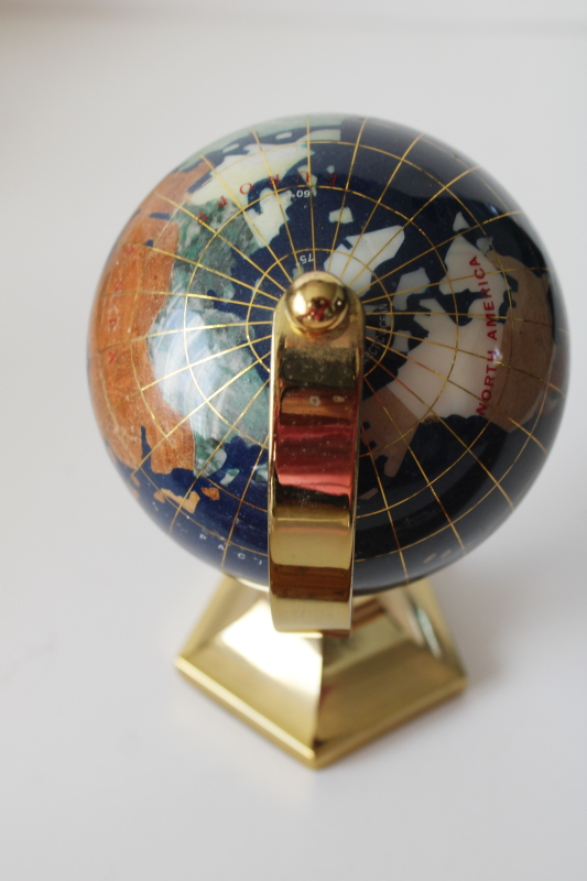 photo of small world globe on brass stand, gemstone minerals earth continents lapis blue oceans  #6