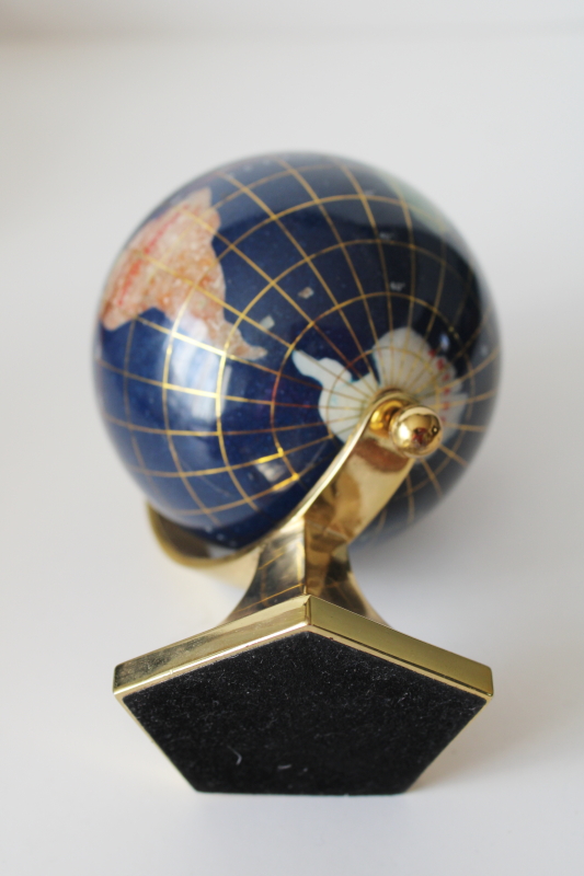 photo of small world globe on brass stand, gemstone minerals earth continents lapis blue oceans  #8