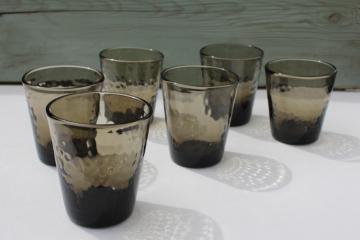 catalog photo of -smoke brown glass double old fashioned drinking glasses, hammered texture tumblers