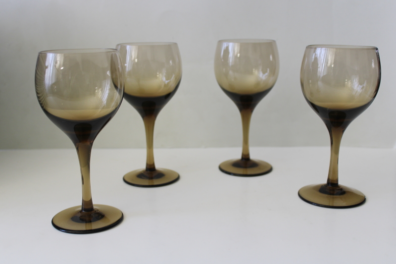 photo of smoke brown glass wine glasses, mod vintage stemware set of goblets #1