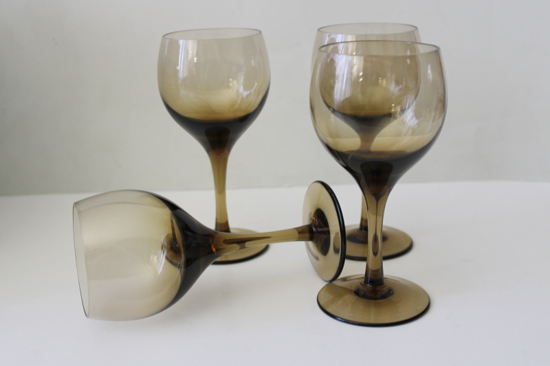 photo of smoke brown glass wine glasses, mod vintage stemware set of goblets #3