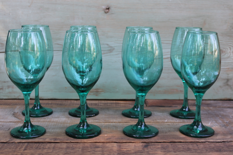 photo of smoke green juniper colored glass water goblets or wine glasses set of 8, Cristar glassware #1