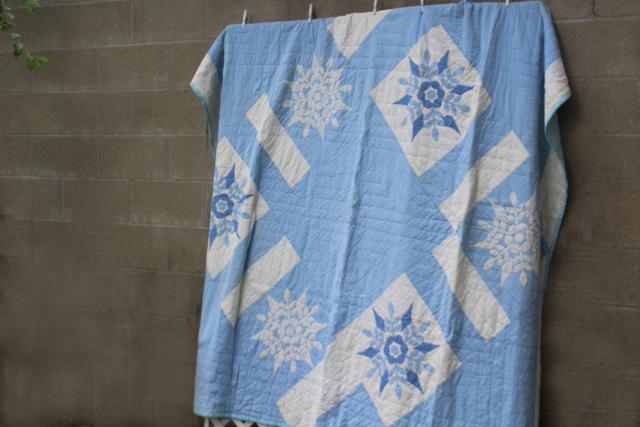 photo of snowflake applique hand stitched quilt, 1950s vintage blue & white cotton cutter quilt #1