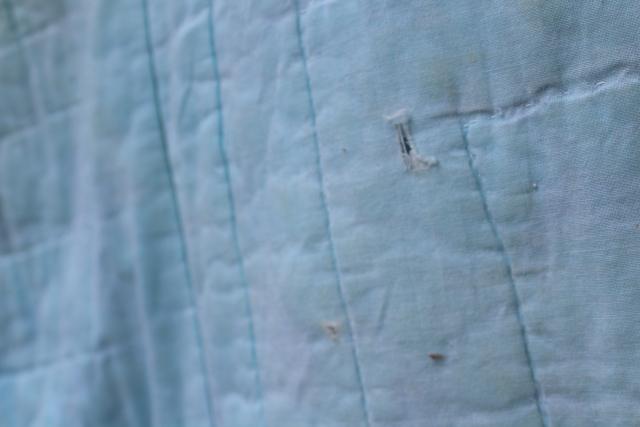 photo of snowflake applique hand stitched quilt, 1950s vintage blue & white cotton cutter quilt #3