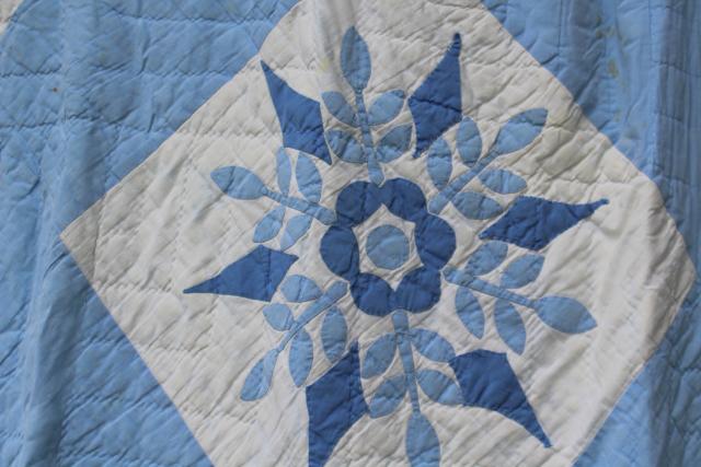 photo of snowflake applique hand stitched quilt, 1950s vintage blue & white cotton cutter quilt #8