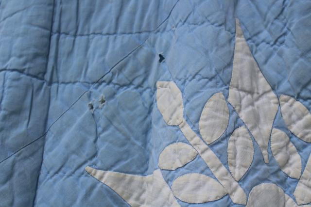 photo of snowflake applique hand stitched quilt, 1950s vintage blue & white cotton cutter quilt #10