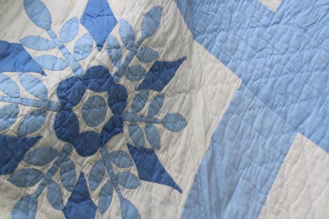 photo of snowflake applique hand stitched quilt, 1950s vintage blue & white cotton cutter quilt #11